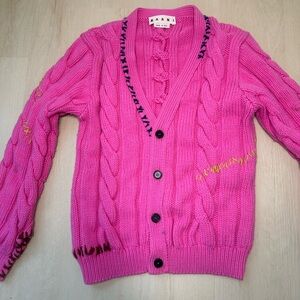 Marni Hot Pink Cable-Knit Cardigan with Black Stitching